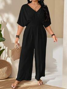 SHEIN PETITE Backless Design Short Sleeve Romper, Casual Commute, Business Casual, Elegant, Plus Size & Petite Women, Summer New' - Black - View 3