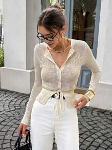 Siren Gaze 杏色镂空花朵羊毛长袖收腰开衩羊毛上衣老款返校教师装女装冬装女装花卉提花针织圆领长袖单排扣白色开衫