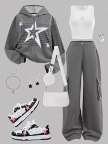 SHEIN Girlism Teen Girls Stylish Star Printed Gray Hooded Sweatshirt & Cargo Pants Sports Set Fall Winter - Grey - View 1