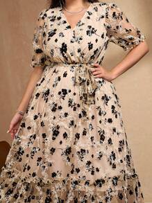 SHEIN Clasi Plus Size Women Long Sleeve Mesh & Flocked Dress, Elegant Summer Dress, Suitable For Outdoor Wear Fall Women Clothes Fall Clothes Autumn Business Casual - Multicolor - View 3