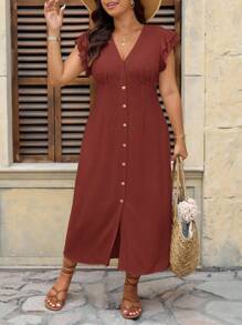 SHEIN Frenchy 大码优雅V领双层盖袖度假连衣裙 - 棕色 - 查看 3