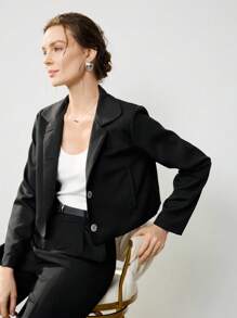 Uhlyne Women's Solid Color Short Jacket With Lining, Versatile For Autumn,Autumn,Minimalist,Business Casual,Holiday Outfits,Work Wear,Teacher Outfits,Back To School,Fall,Old Money Style - Black - View 8
