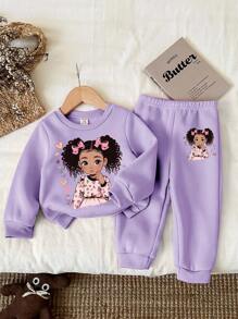 SHEIN Baby Girl Casual Minimalist Knit Soft Loose Fit Crew Neck Pullover Sweatshirt Set, Thick For Autumn/Winter Fall