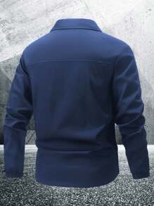 Manfinity Homme 男士休闲纯色袖拉链口袋轻薄夹克，秋季男士棕色夹克，男士休闲夹克，男士轻薄夹克，棕色拉链夹克，男士棕色夹克，男士秋季夹克，秋季男士上衣，长袖咖啡棕色 - 藍色 - 查看 2
