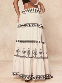 SHEIN PETITE Chân váy Maxi Boho dành cho nữ: Vải dệt, nhiều lớp và họa tiết nhiều màu - Phong cách sang trọng, bồng bềnh cho mùa hè - trắng - Xem 2