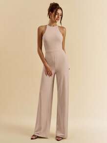 SHEIN BAE 女士夏季性感露背连体裤黑色连体裤海边度假连体泳衣泳装夜间外出度假装 - 卡其色 - 查看 4