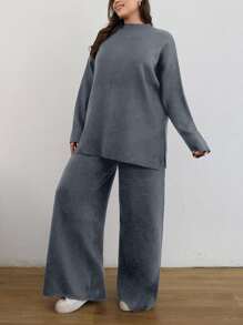 EURMUSE Damen Set bestehend aus Rollkragenpullover mit Langarm und Sweathose, zweiteiliges Set - Hellgrau - Übersicht 1