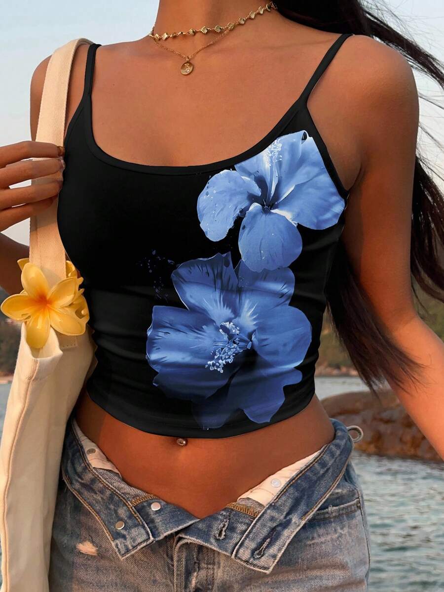 SHEIN EZwear Vintage Style Vacation Blue Floral Print Sexy Spaghetti Strap Women Tank Top, Suitable For Summer Flower Tank Top Suitable For Going Out - Multicolor - View 1