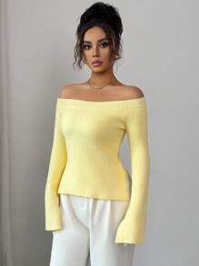 Selianne Off Shoulder Cutout Sleeve Slit Hem Versatile Mustard Yellow Knit Sweater Top, Suitable For Spring, Autumn, Winter Knit Pullover Fall - Butter Yellow - View 5