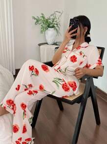 SHEIN 花卉印花翻领短袖睡衣套装 - 彩色 - 查看 3