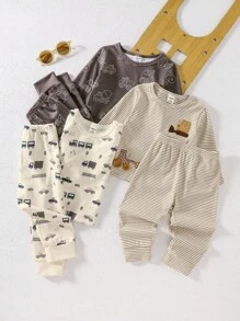 6pcs/Set Newborn Baby Boys Casual Striped Truck Print Long Sleeve Top And Pants Soft Pajamas Set Fall Winter - Multicolor - View 1