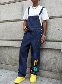 PAVTROS 男士休闲街头字母印花翻盖口袋牛仔背带裤 - 中等水洗藍 - 查看 5