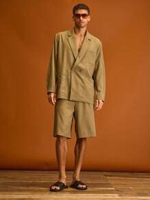 Musero 男士休闲修身双排扣西装外套，夏季度假必备 - 棕色 - 查看 4