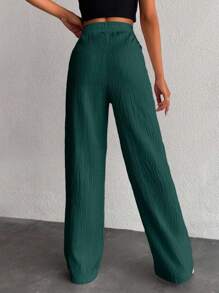 EURMUSE Petite Women's Solid Color Long Waist Drawstring Pants - Green - View 2