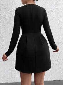 EURMUSE Rhinstone Embellishment Detailed Square Neck Long Sleeve Princess Shape Elegant Short Dress - Black - View 2