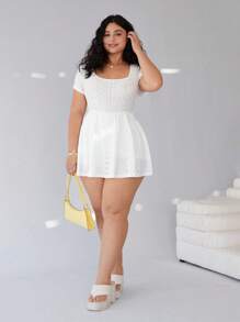 Solflare Traje de una pieza casual de manga corta y color liso para mujer talla grande, para vacaciones en la playa, uso diario, ropa primavera-verano - Blanco - Ver 6
