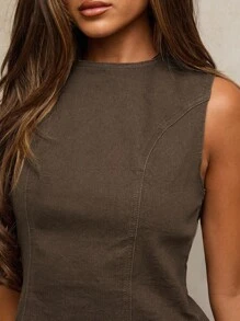 SHEIN BAE Women's Round Neck Sleeveless Backless Fashionable Denim Blouse, Old Money - Brown - View 5