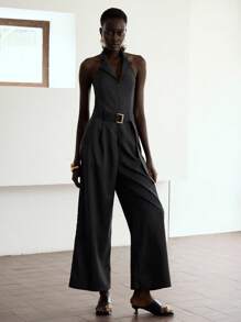 Lumivelle Halloween Summer Old Money Women 2025 New Design Black Lapel Sleeveless Backless Loose Jumpsuit For Women In Summer, Black Metal Decor Waist Belt Backless Halter Straight-Leg Jumpsuit, High-End V-Neck Sleeveless Backless Jumpsuit For Women In Summer, Elegant Waist Tie Jumpsuit With High Waist Wide Leg Pants