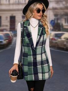 SHEIN LUNE Áo khoác vest không tay cổ ve kẻ caro cho nữ - màu xanh lá - Xem 3
