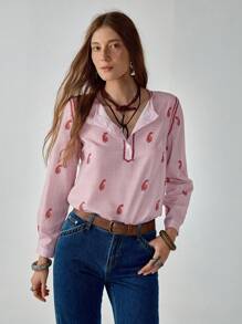 Florisole 休闲度假风条纹腰果花印花衬衫，春秋季女装，点缀一抹红色。 - 紅色 - 查看 5