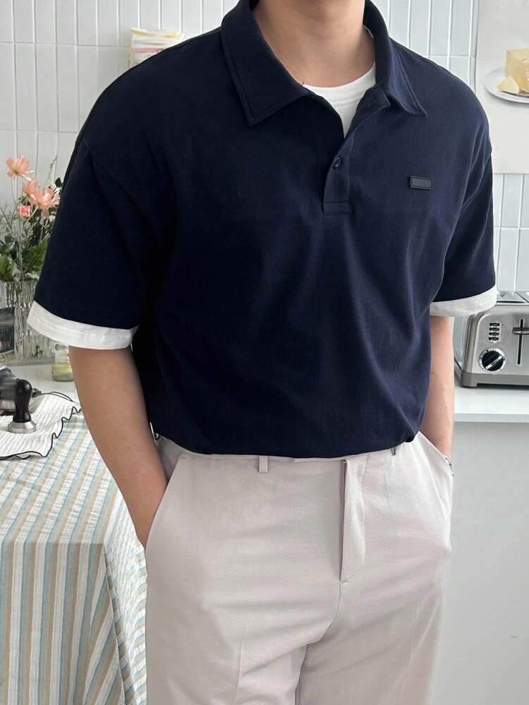 Men's Polo Shirt With Color Blocking, Patchwork Design And Label In Summer Business Attire