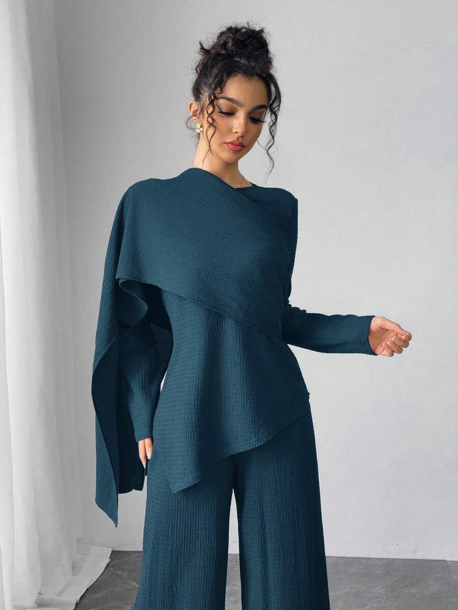 Al Najma 女士简约休闲衬衫和裤子两件套 - 藍色 - 查看 1