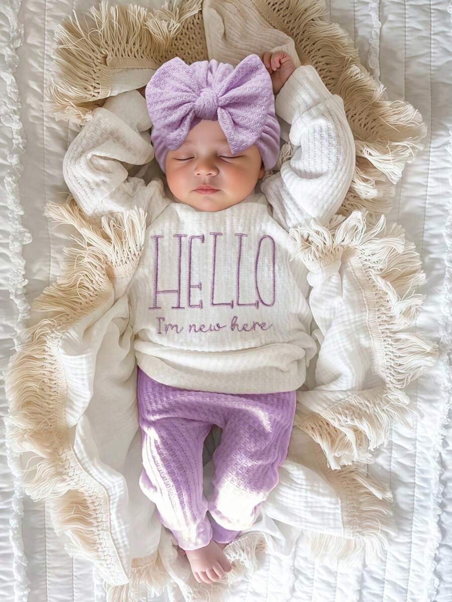 SHEIN Newborn HELLO Letter Embroidered Outfit Set, Infant Tops, Bottoms, Hat, Baby Photography Clothes For 1 Month To 100 Days Old, Unisex Fall Winter - Multicolor - View 1