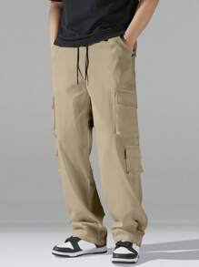 Manfinity Hypemode 男士纯色口袋抽绳腰休闲工装裤男士工装裤卡其色工装裤男士宽松直筒休闲裤男士工装裤带后口袋，秋季 - 駝色 - 查看 5