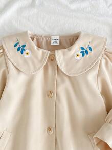 Vintaside Kids Baby Girl This Long-Sleeved Jacket In Apricot Color For Spring And Autumn Is Simple, Casual, Elegant And Versatile. The Flower Embroidery Pattern On The Collar Adds A Atmosphere, And The False Pocket Design Is Simple And Unique. The Puffed Sleeves Are Cute And Playful. Made Of Woven Fabric, They Have A Loose Fit And Are Suitable For Daily Shopping, Participating In Small Activities In Kindergartens, Attending Parties, Etc