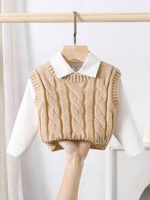 SHEIN Young Girl Ribbed Knit Sweater Vest With Cable Texture, Elegant & Cute, High Quality, Warm & Soft, Versatile For Play, Daily Wear, School, Autumn & Winter,Pairing White Shirt,Back To School Season.College Style, Girls Sweater Vest Cable Knit Sweater Vest Tween Sweater Vest Girls Knitted Vest Kids Sweater Vest Fall