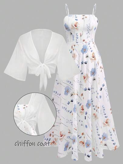 Conjunto de 2 piezas de vestido de gasa con estampado floral diminuto y chaqueta, elegante, para mujer de talla grande