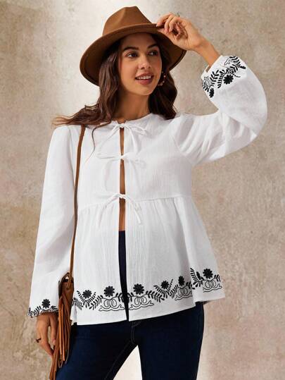 Boho Mama Maternity Floral Embroidery Tie Front Casual Vacation Long Sleeve Shirt  Fall Women Clothes Cute Tops