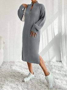 EURMUSE Women Knit Sweater Dress With Zipper Detail,Petite - Light Grey - View 7