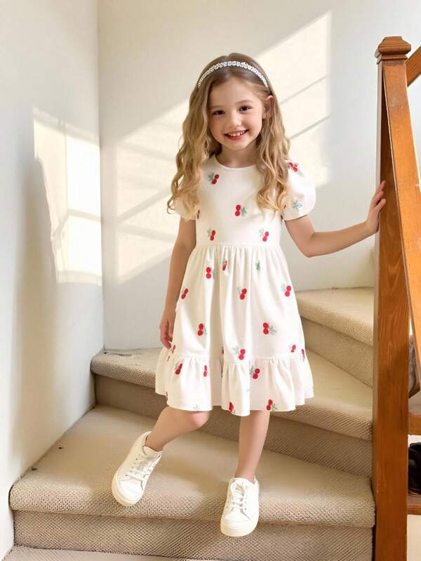 Elladie kids Vestido con mangas de linterna, ribete con volantes y estampado de cerezas, estilo coreano lindo para niña - Un adorable y dulce conjunto de verano