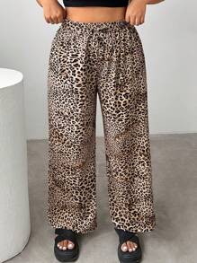 SHEIN EZwear Pantalon de vacances décontracté grande taille à imprimé animalier rétro à jambes larges - Tabac - Voir 6