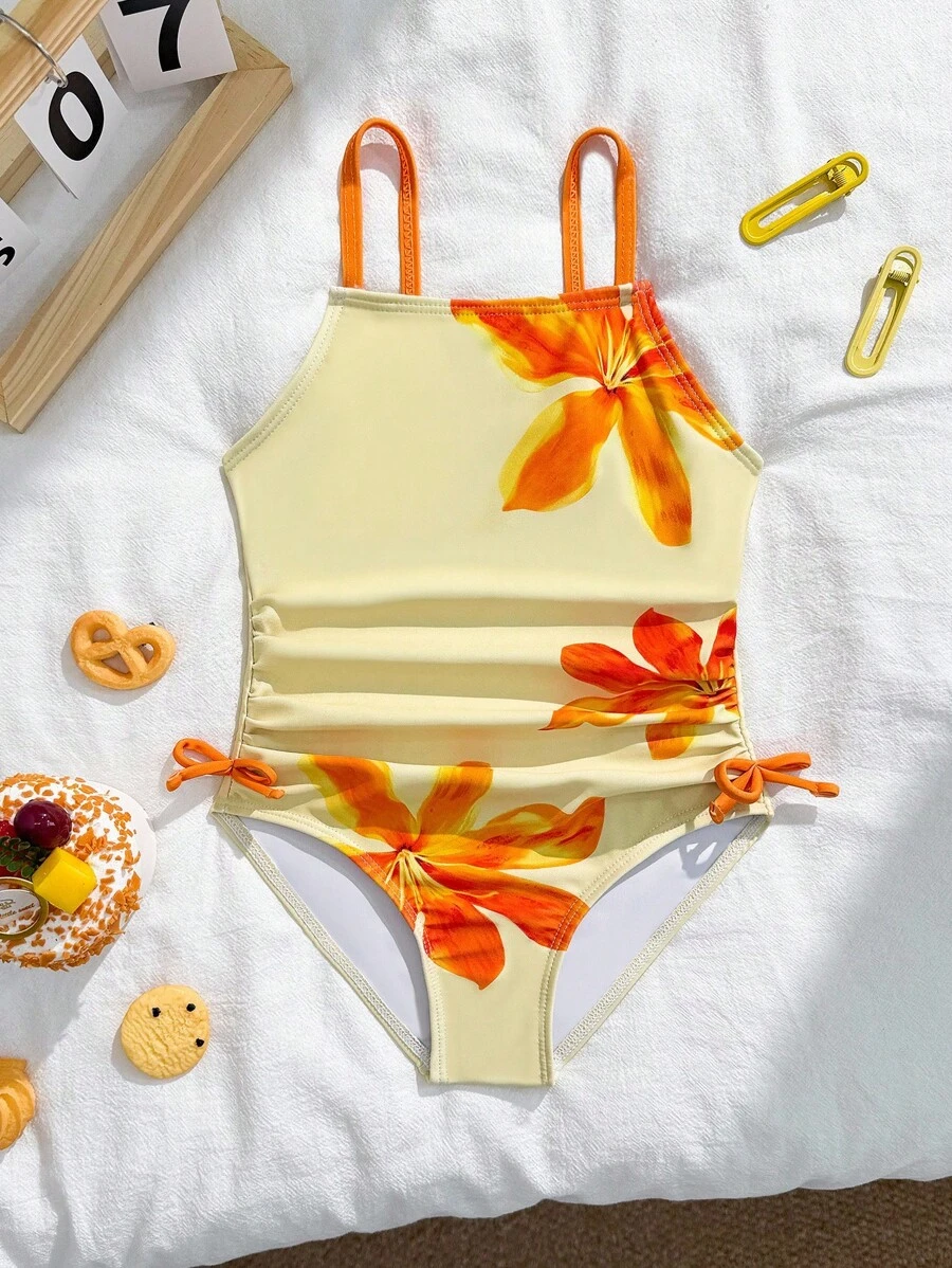 Young Girls Little Fresh Yellow Orange Flower Children's One-Piece Swimsuit, Pleated Design With A Sense Of Atmosphere, Perfect For Sweet Girls With A Must-Have Vacation Style Yellow Girl Bathing Suits For Girls Flower Bathing Suit - Multicolor - View 1