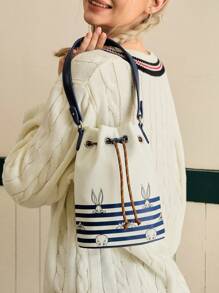 LOONEY TUNES X SHEIN 女士休闲通勤卡通兔子条纹印花索环抽绳单肩包 - 彩色 - 查看 1