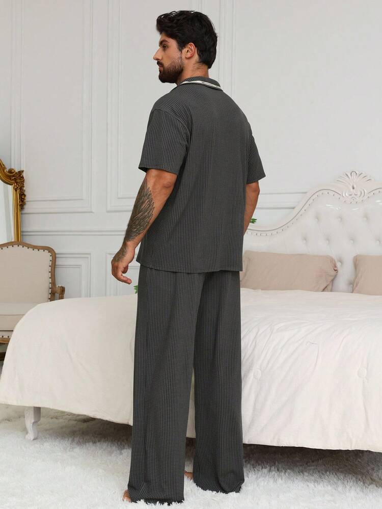 Spring/Summer Letter Tape Design Houndstooth Pattern Deep Grey Shirt With Men's Loungewear Set Pajama