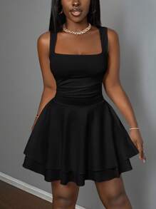 Slaydiva 2026 Spring & Fall New Arrival Vacation Casual Romantic Basic Street Everyday Sexy Elegant Office Party Clubwear Pure White Sleeveless V-Neck Layered Short Dress For Plus Size Women,Back To School,Wedding Guest Dress Women - Black - View 4