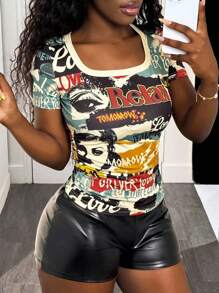 Slaydiva 2025新款夏季休闲街头运动音乐节热卖常规款方领短袖收腰褶皱全幅复古报纸人像印花杏色女士T恤 - 彩色 - 查看 7