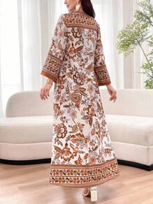 Yasmyna Vestido árabe con estampado floral, cuello en V con muescas y mangas de campana para mujer