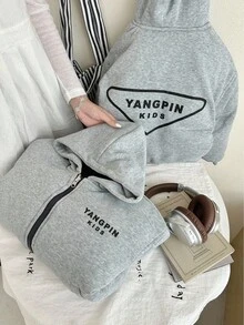 SHEIN Young Girls Oversized Reversible Embroidered Pullover Sweatshirt, Casual, Comfy,In Fall/Winter - Black - View 5