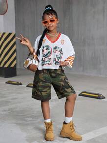 Pantaloni scurți lungi din denim, stil Y2k, grunge punk, camo, cu imprimeu de ramură de copac, talie elastică, îmbrăcăminte de lucru, potrivită pentru călătorii zilnice, activități în aer liber, acasă, brunch, petrecere cu ceai, naveta, ținute la aeroport, ținute de toamnă pentru fete, haine pentru copii care se întorc la școală, ținute streetwear coolane - Verde Armată - Vizualizare 4