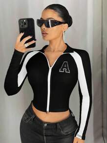 SHEIN ICON 女士短款立领撞色拼接装饰上衣 - 黑色 - 查看 5