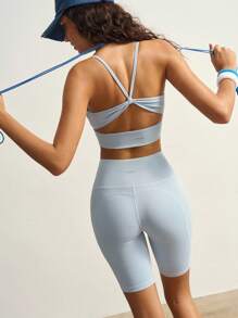 VARSIVA 女士两件套纯色褶皱吊带背心和短裤运动健身套装 - 藍色 - 查看 13