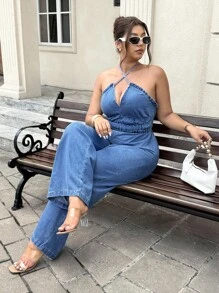 SHEIN ICON 大码女式无弹力休闲夏季牛仔连体裤 - 藍色 - 查看 3