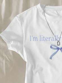 青少年女孩简单休闲英文字母图案短袖短款T恤，适合夏季 - 白色 - 查看 4