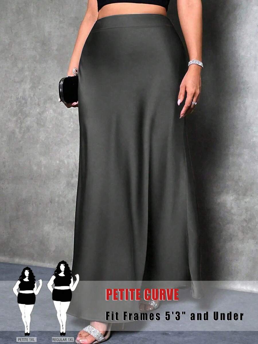 SHEIN PETITE 大码女式缎面美人鱼下摆半身裙 - 黑色 - 查看 1