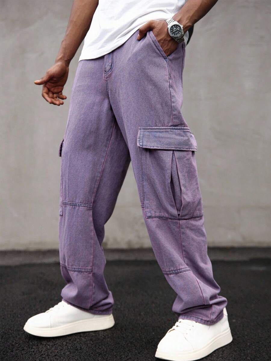 Manfinity EMRG Celana Jeans Denim Longgar Ungu Pria Gaya Streetwear Cargo dengan Finishing Washed. Panjang dan Nyaman untuk Tampilan Kasual Avant-Garde. - Purple - View 1