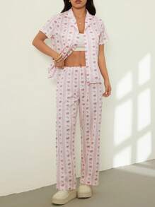 SHEIN PETITE 女式蝴蝶结印花纽扣拼布上衣和裤子两件套休闲装 - 粉色 - 查看 7